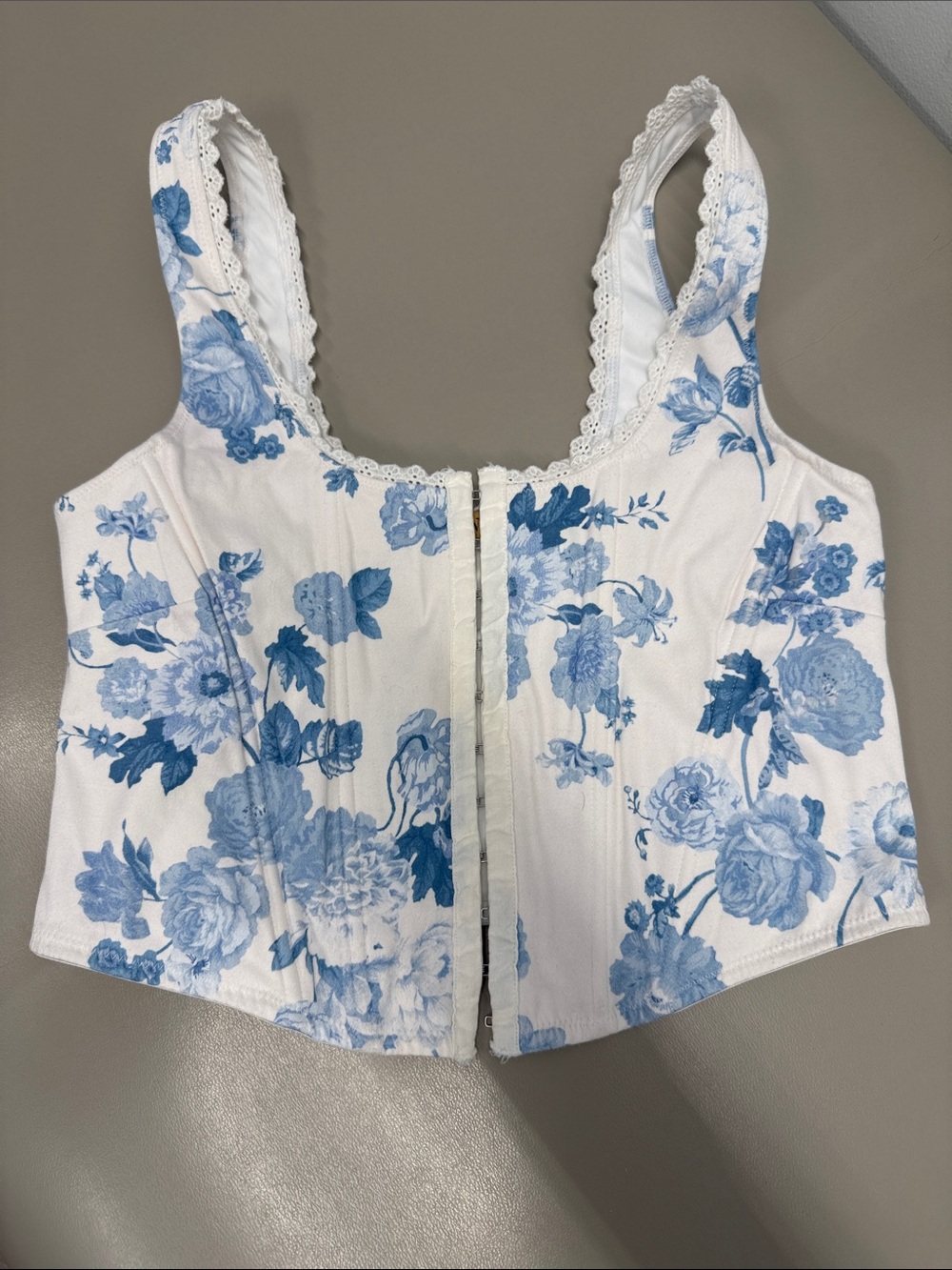 White Corset Tank Top with Blue Floral Print